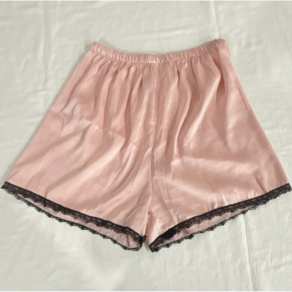 Women’s L Pink Satin Sleep Shorts Solid Black Lace Trim Elastic Waist 0202